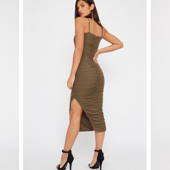 Olive green Mesh Ruched Midi Dress - Picture 2 of 2